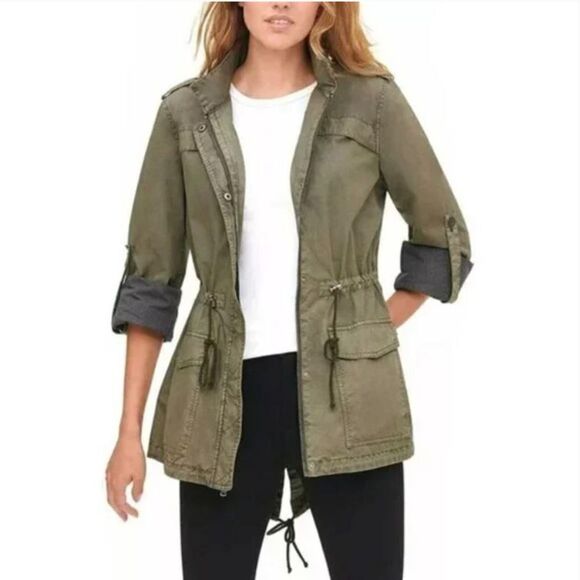 Levi's Army Green 100% Cotton Long Full Zip Distressed Utility Jacket Sz Medium - Picture 1 of 17